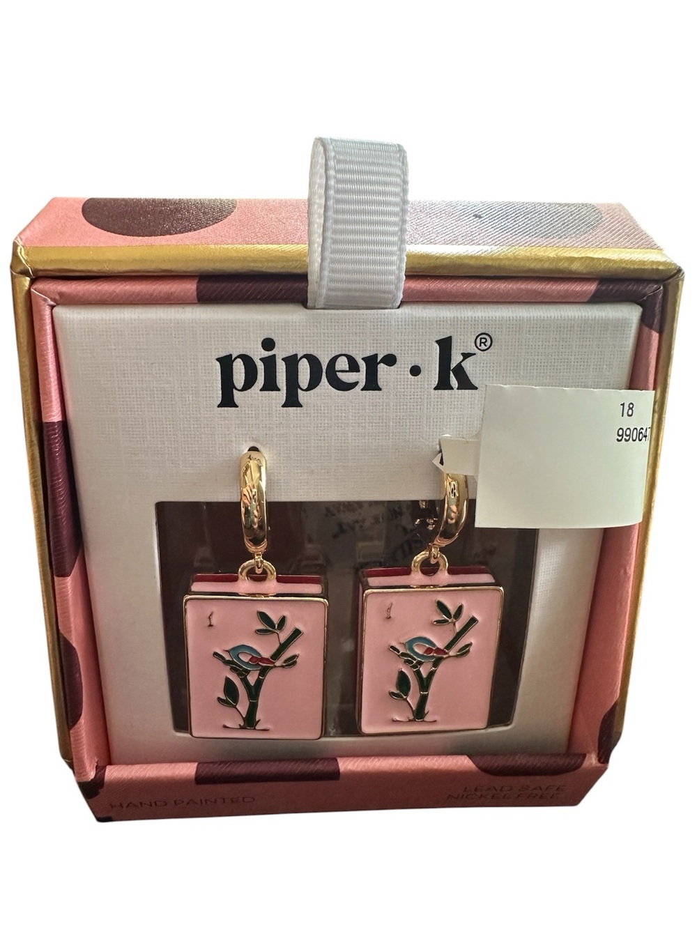 Piper•k Pink Enamel Mahjong Bird Drop Earrings, hand painted